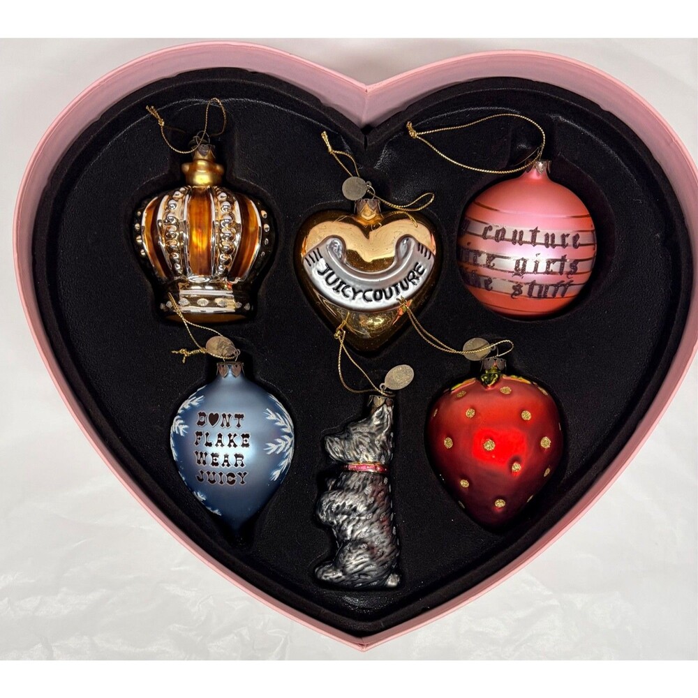 Y2K Juicy Couture Christmas Glass Ornaments Large Pink Heart Gift Box Set Of 6